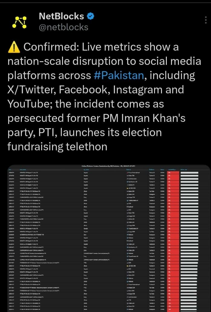 Social media platforms in Pakistan face disruption amid PTI’s election fundraising telethon: Netblocks