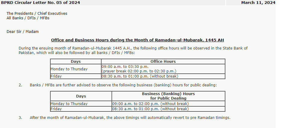 SBP issues bank timings for Ramazan 2024