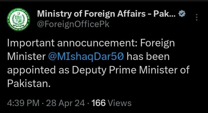Foreign Minister Ishaq Dar appointed as Deputy Prime Minister of Pakistan