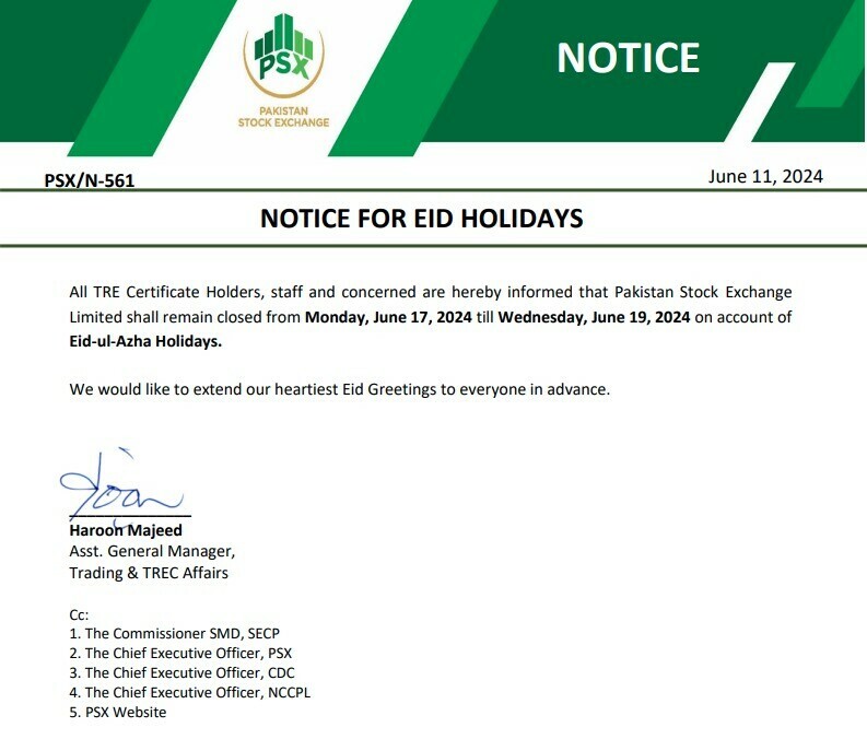 Pakistan Stock Exchange (PSX) announces Eid-ul-Azha 2024 holidays