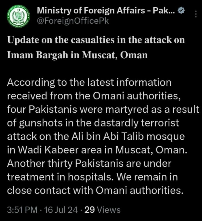 FO says 4 Pakistanis killed, 30 injured in gunfire near mosque in Oman